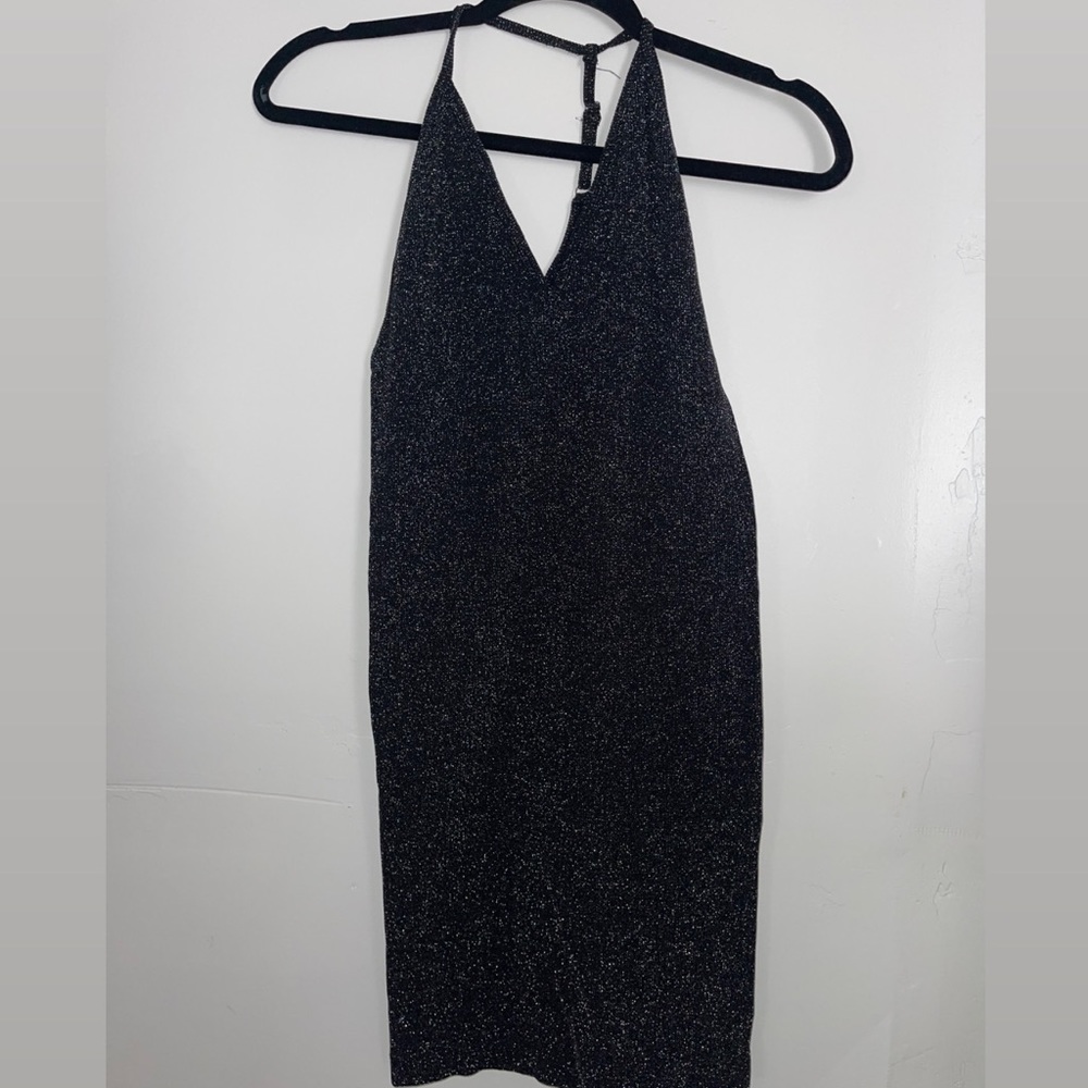 Charlotte Russe- Sparkly Black Halter Top Mini Bodycon dress with open shoulder